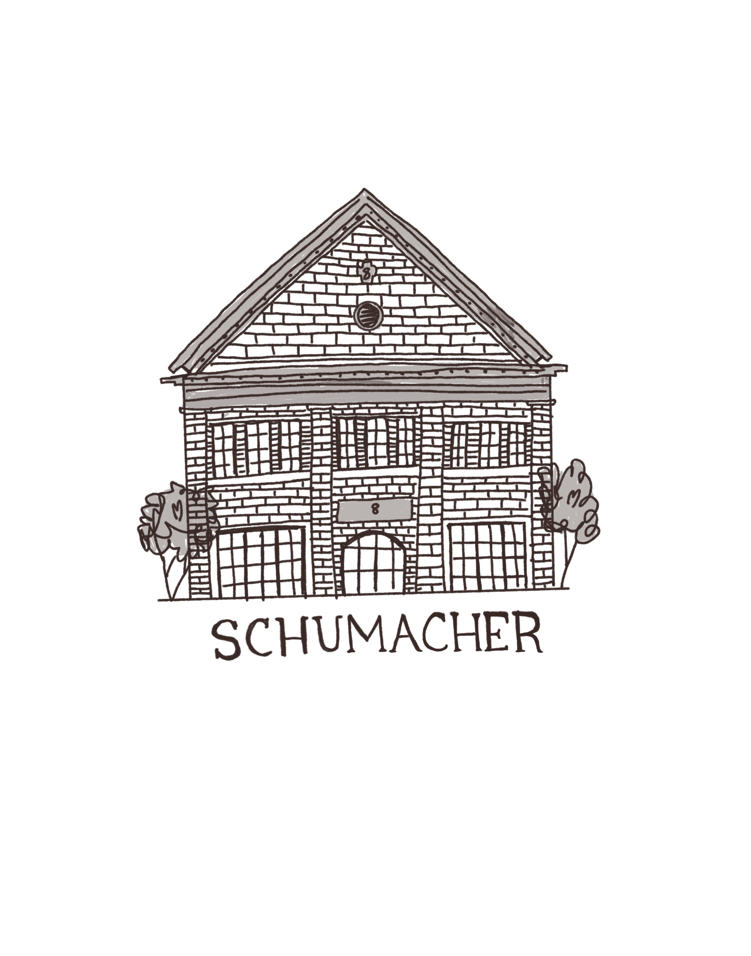 A detailed outline drawing of a large Victorian-style house with trees on either side and the text 'Schumacher' beneath it.