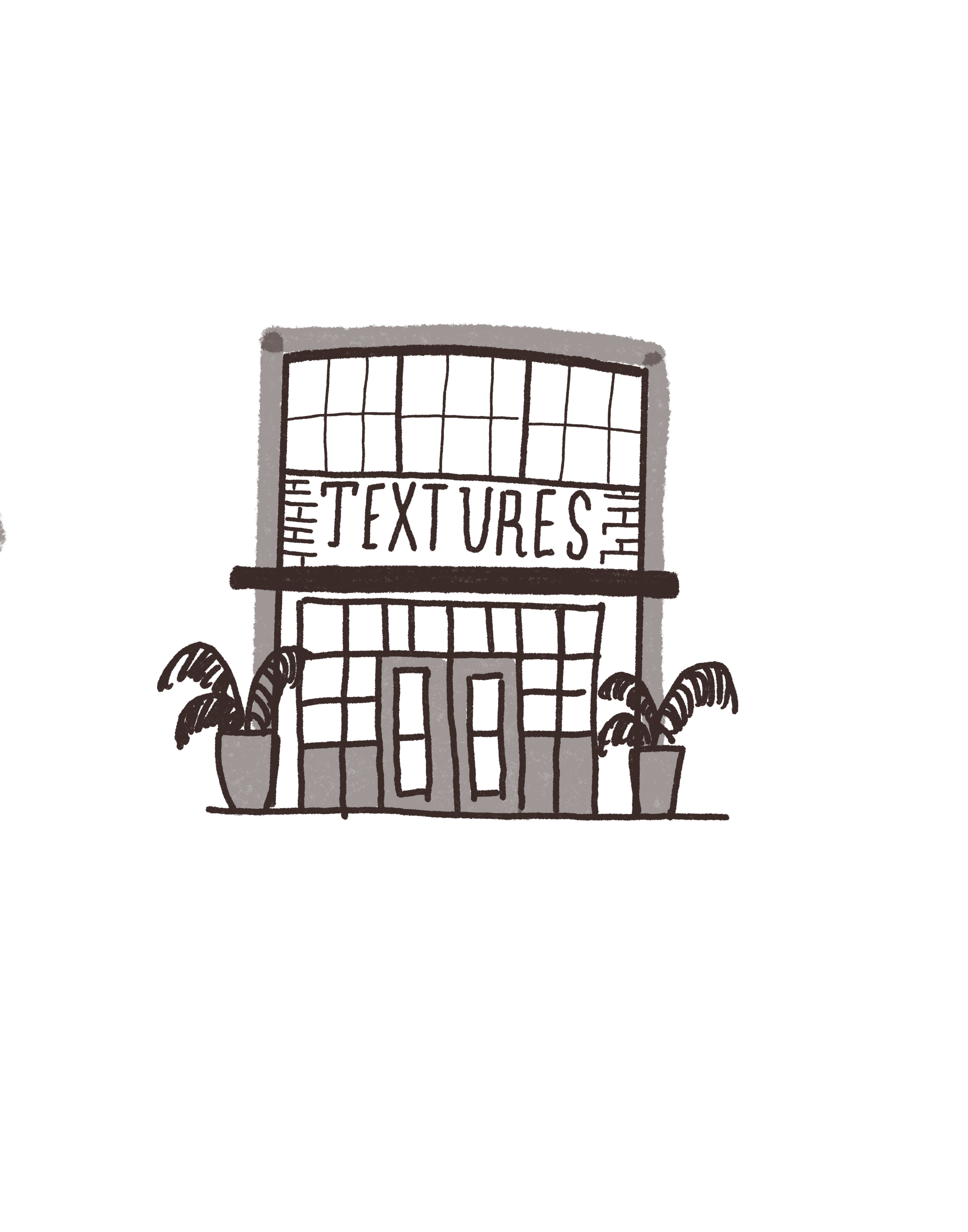 Illustration of a building with the words "The Textures" on the sign, featuring large windows and potted plants on either side.