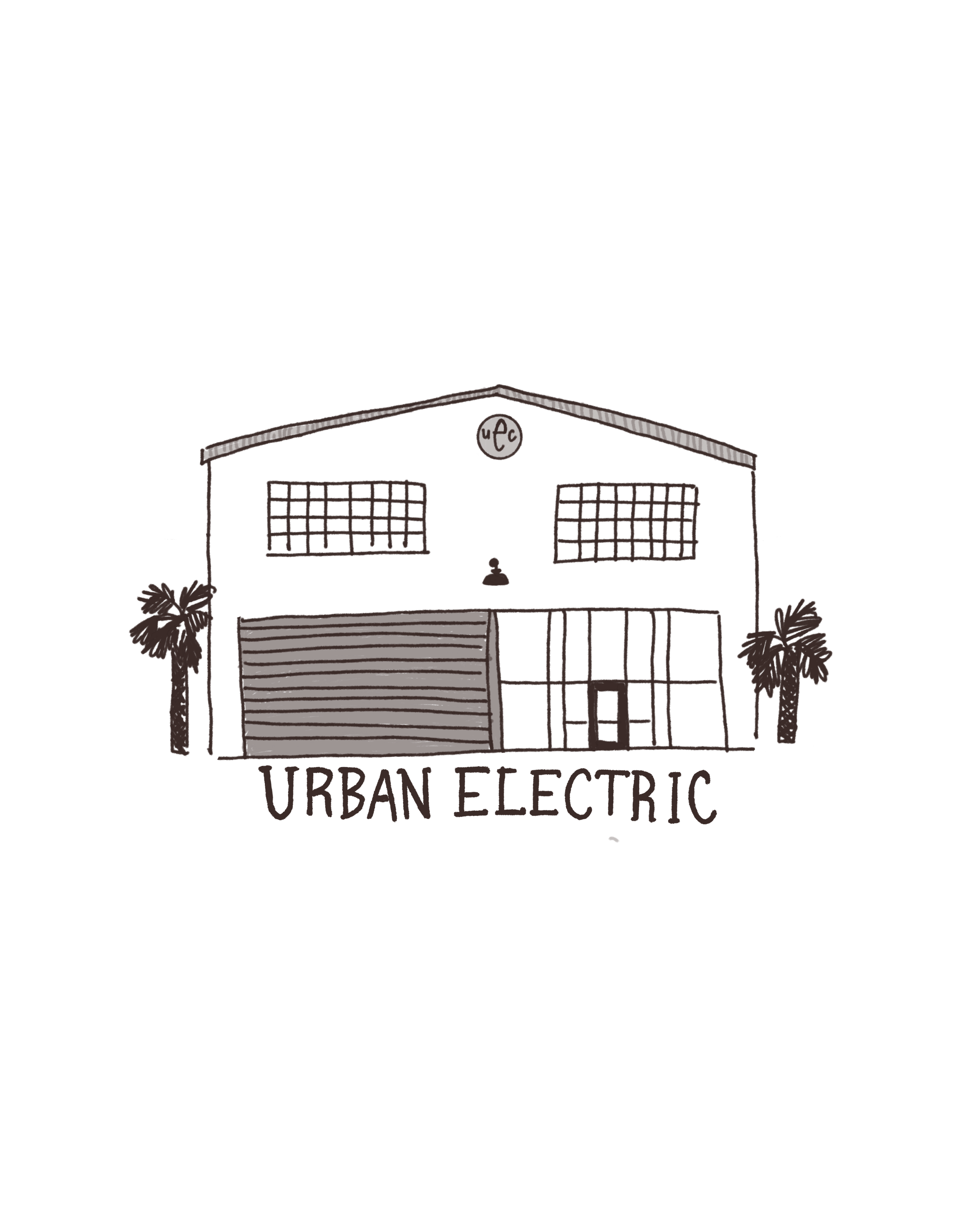 Illustration of a building labeled 'Urban Electric' with palm trees on either side.