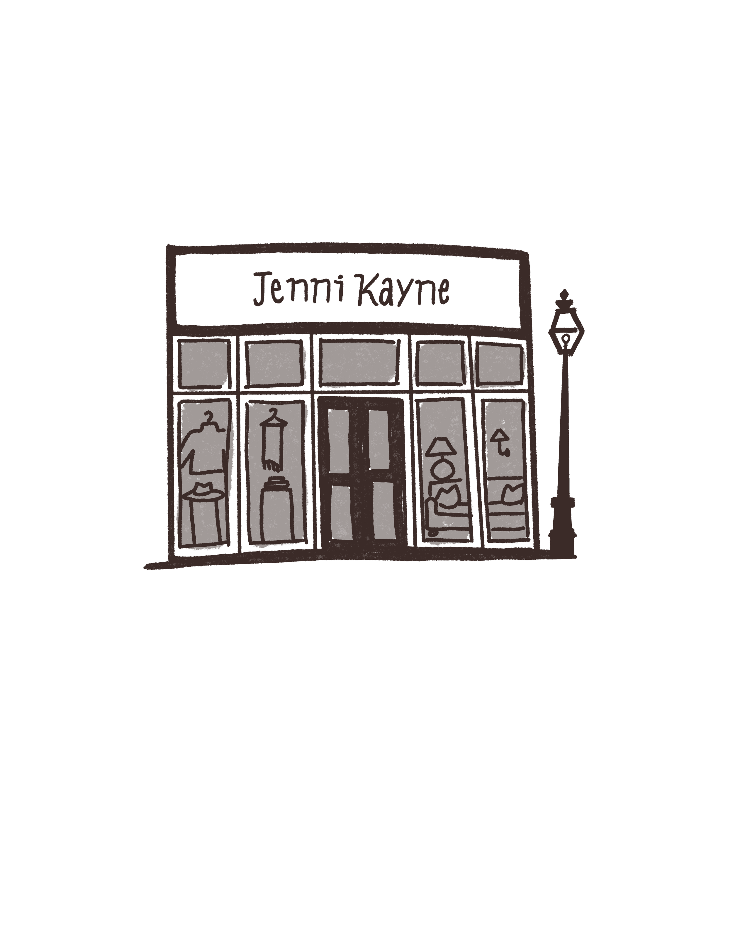 Drawing of a storefront with the name 'Jenni Kayne' above the entrance and a street lamp to the right.