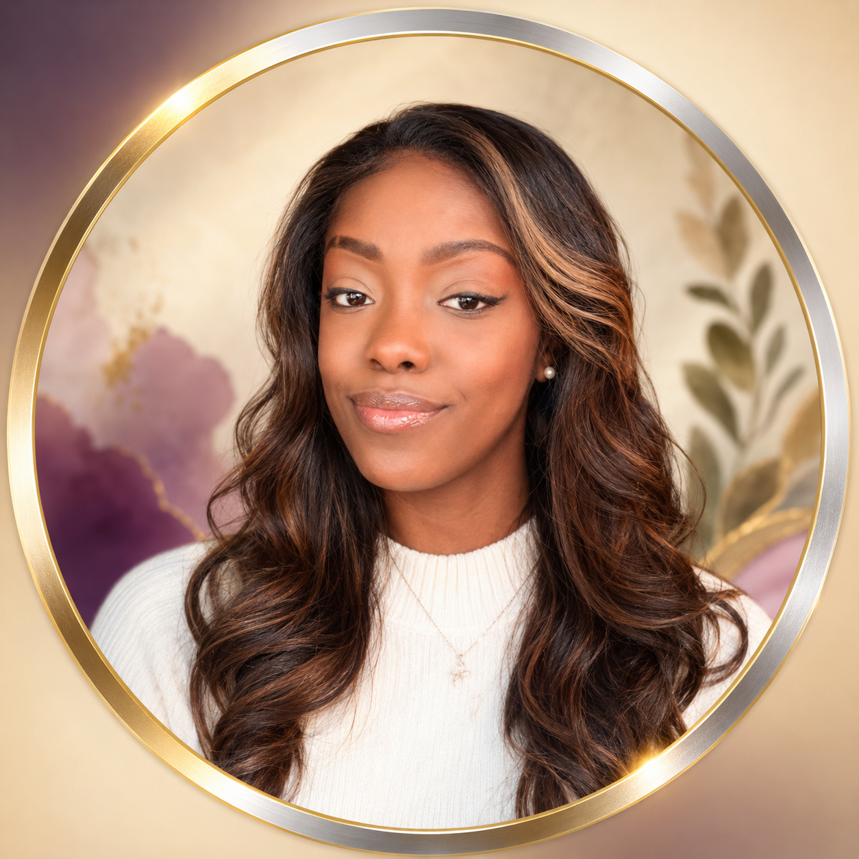 A young woman with long wavy dark hair and earrings, smiling softly, wearing a white sweater, posing in front of a floral background with beige and purple tones, framed within a gold and silver circular mirror.