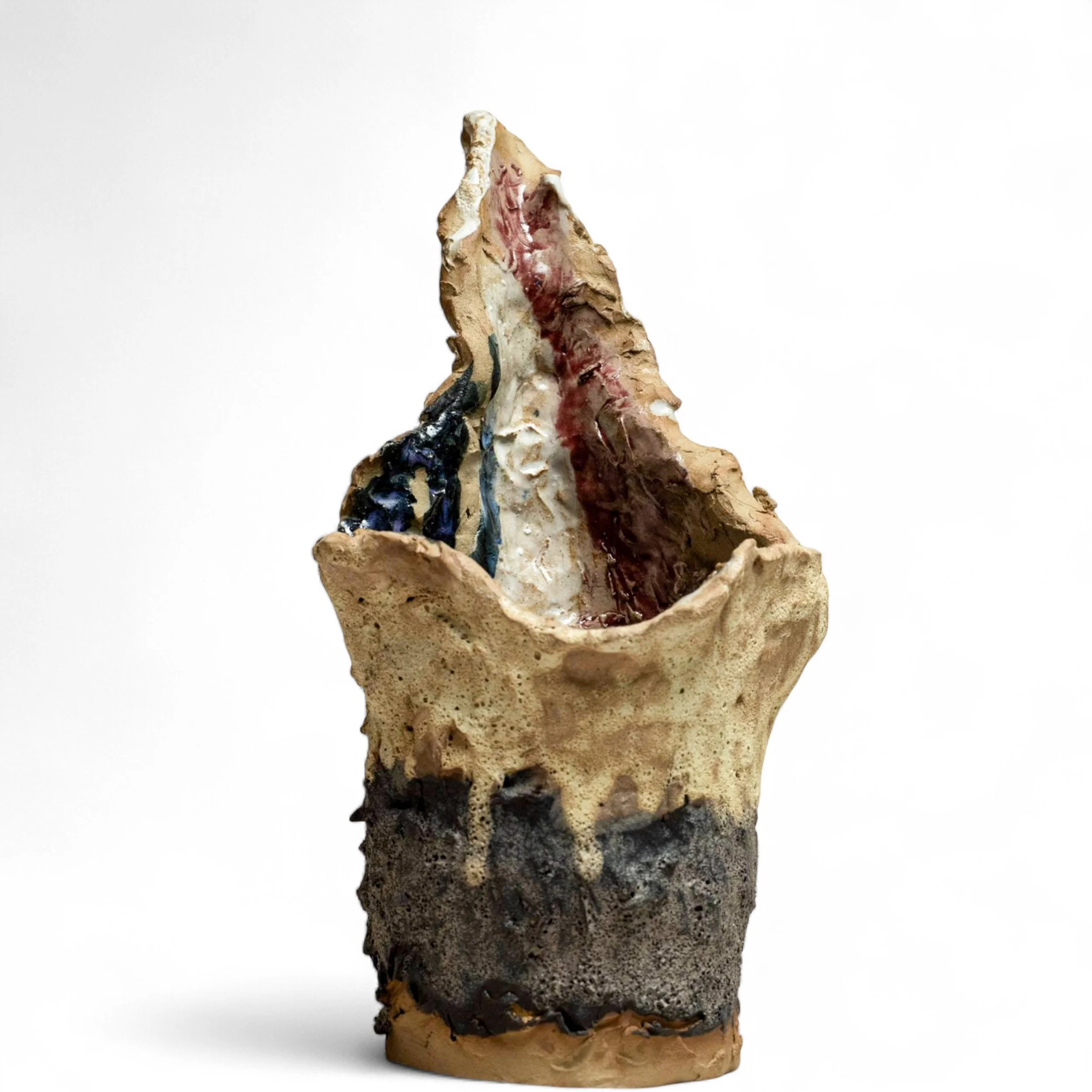 'Motley stream' 2025 stoneware clay, volcanic glaze, gloss glaze & organic materials  height 24cm width 13cm photo by shay.jpg