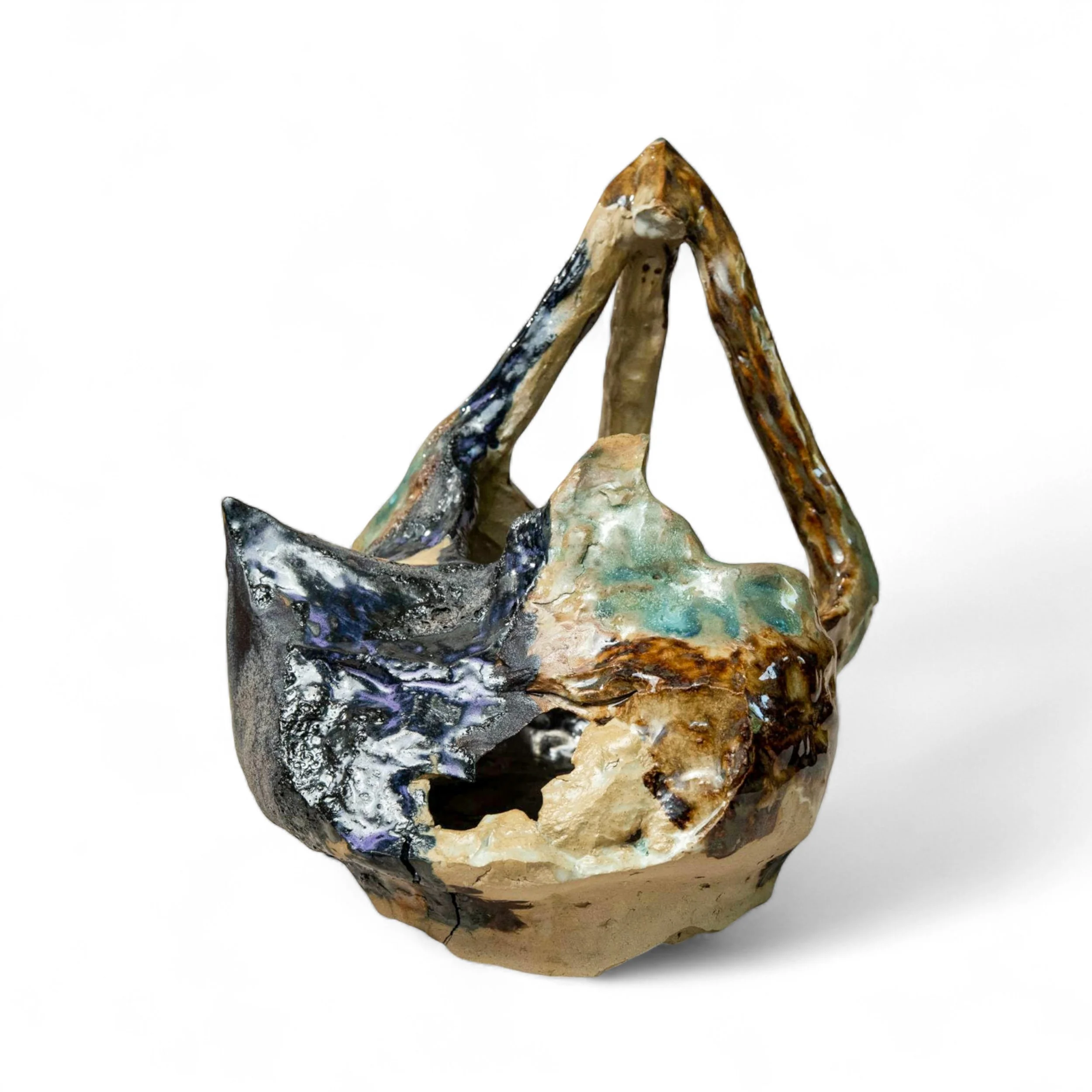 'A unamed delight' 2025 stonware clay, gloss glaze, volcanic glaze 10% bronze glaze & organic materials height 23.5cm width 22cm photo by shay.jpg