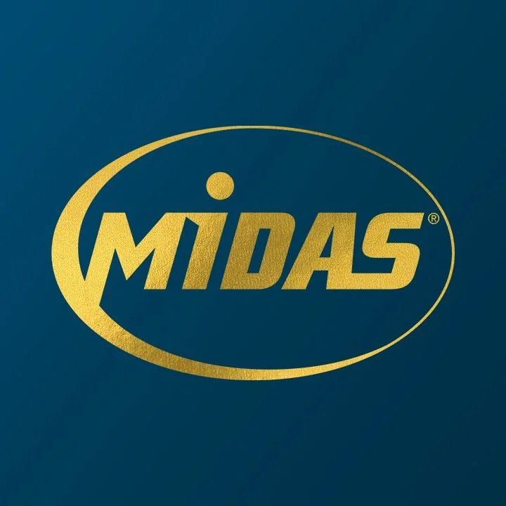 Stylized Midas logo with a golden elipse around it