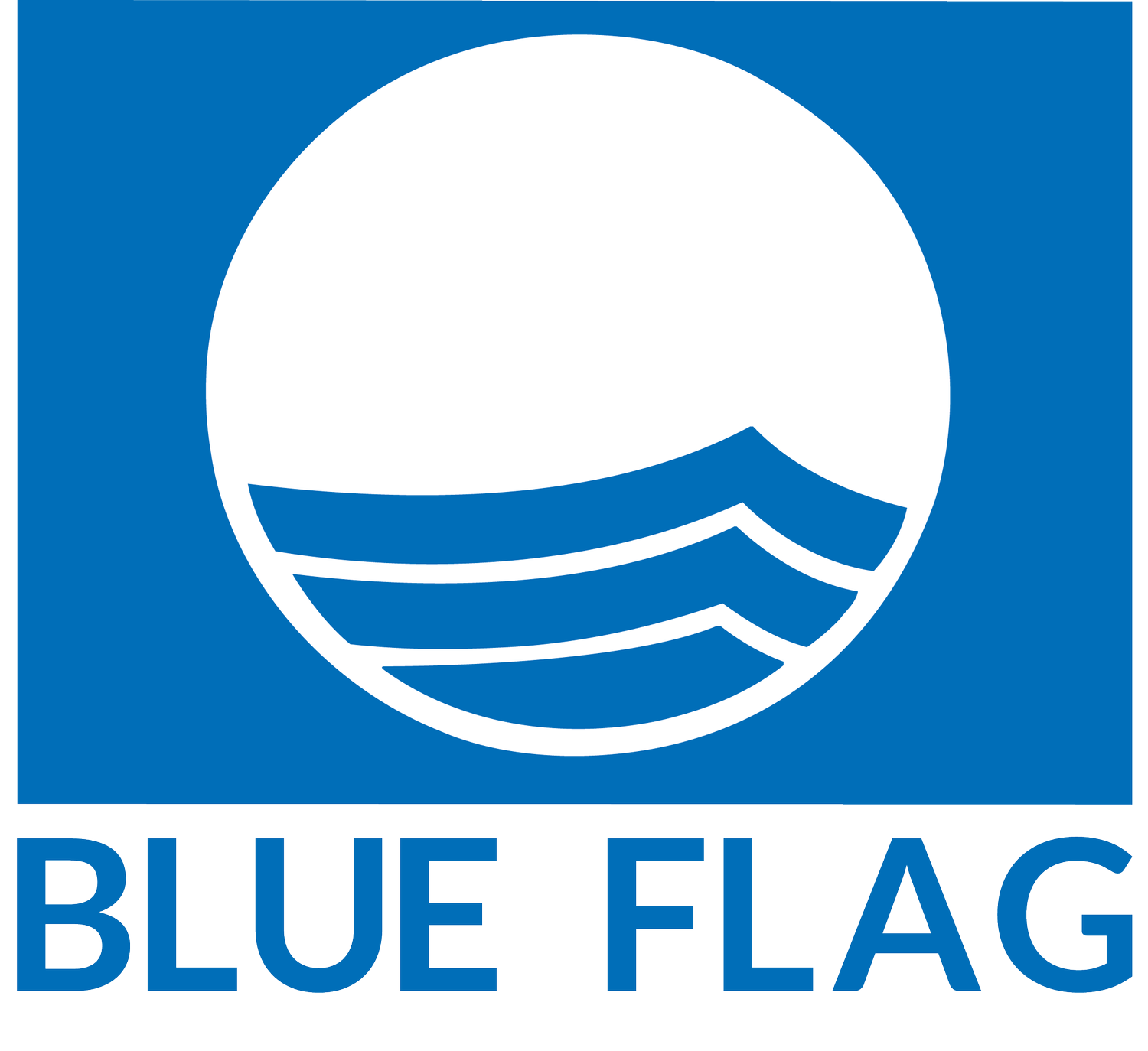 A blue rectangular sign with a white circle containing three stylized waves and the text 'BLUE FLAG' at the bottom.