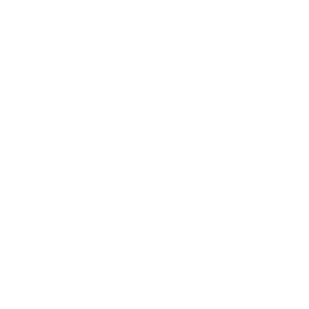 A black and white graphic with a circular symbol resembling a flag or badge, and the words 'BLUE FLAG' written below it.