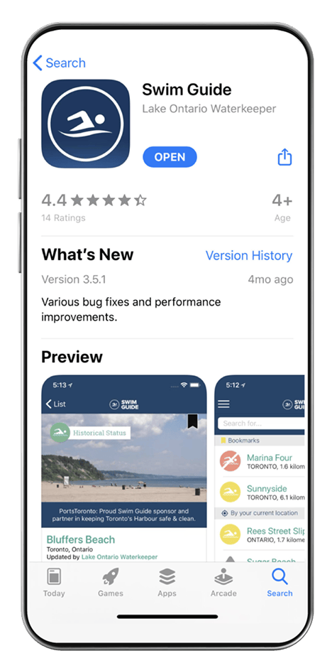 Mobile phone screen displaying the app store page for 'Swim Guide' by Lake Ontario Waterkeeper, including app details, user ratings, recent updates, and preview images of the app interface.