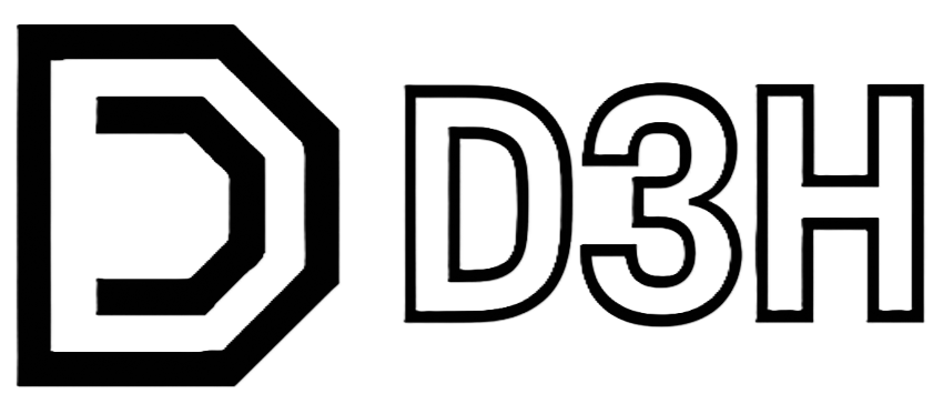 Logo with a geometric engineered angles and offsets with the text 'D3H' in outlined letters.