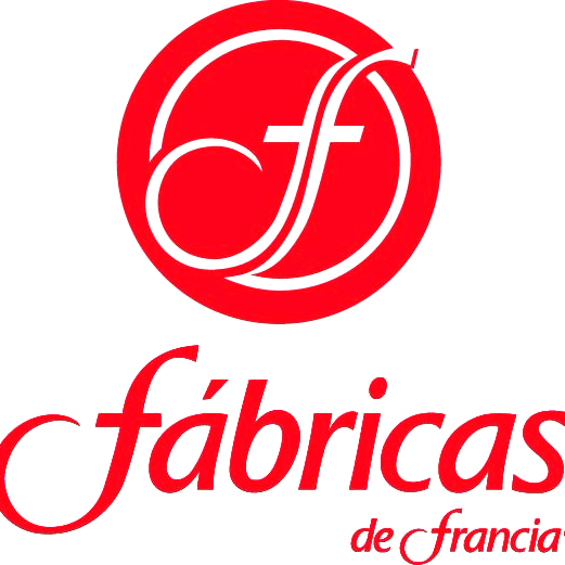 Logotipo con un círculo rojo y letras blancas entrelazadas, y la palabra 'fábricas' en letras rojas cursivas debajo, junto a 'de francia' en letras más pequeñas.
