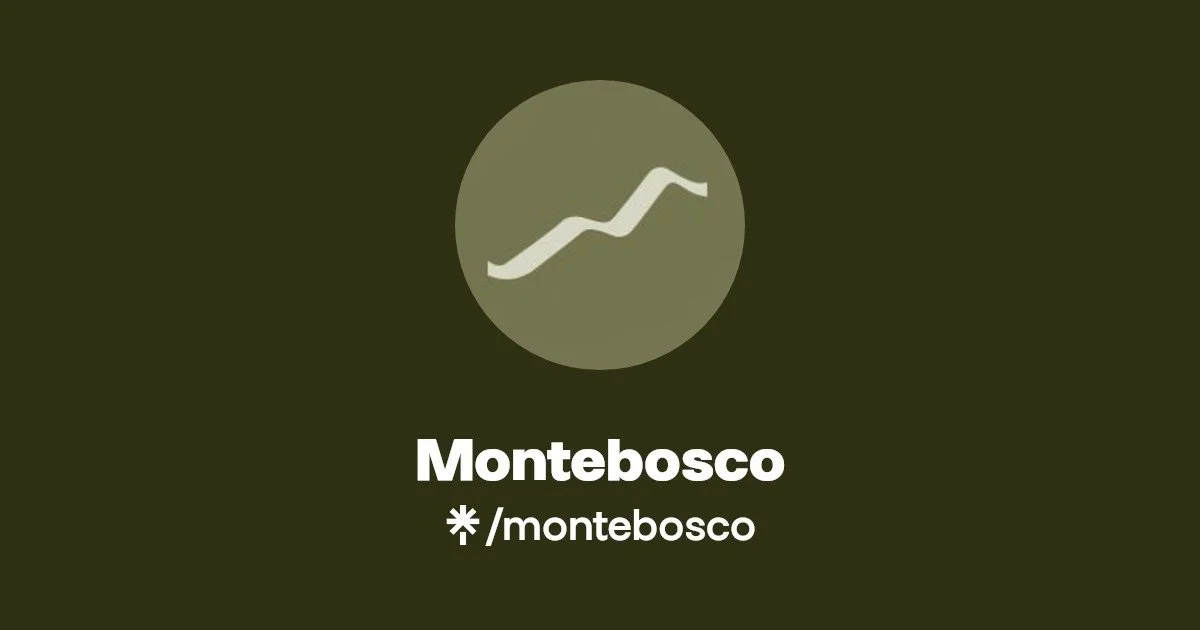 Logo con una nube y una línea que sube y baja, nombre 'Montebosco' y su pronunciación /montebosco.