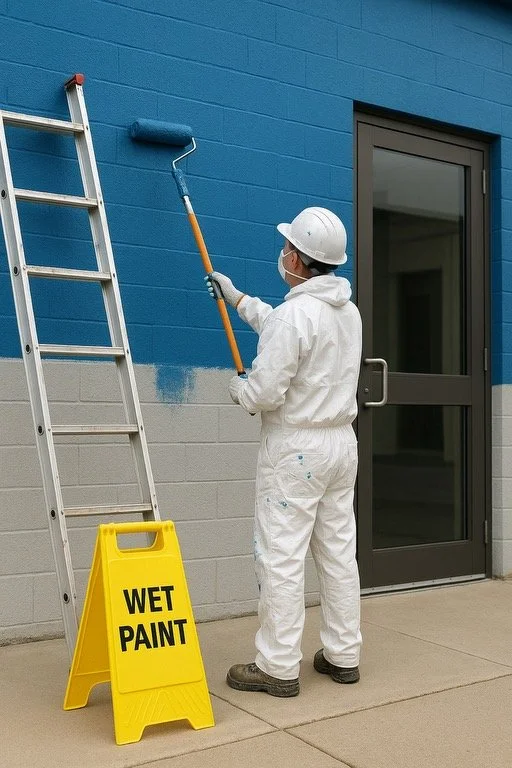 Worker in white protective clothing, hard hat, and face mask painting a wall with blue paint using a roller brush, with a yellow wet paint caution sign nearby.
