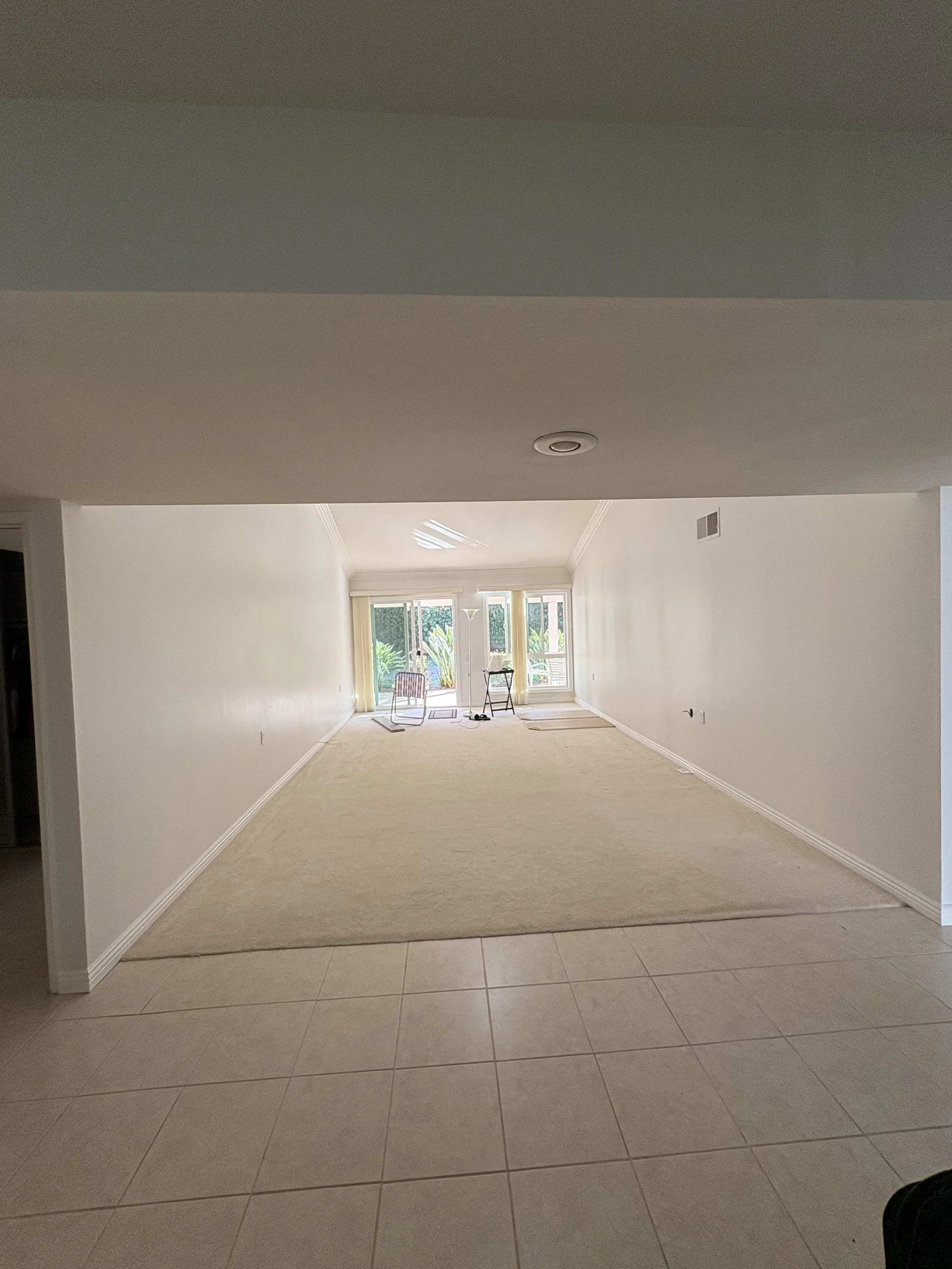 Empty living room with beige carpet, white walls, and large glass doors leading to a backyard with plants. There are two chairs and some small items near the glass doors.