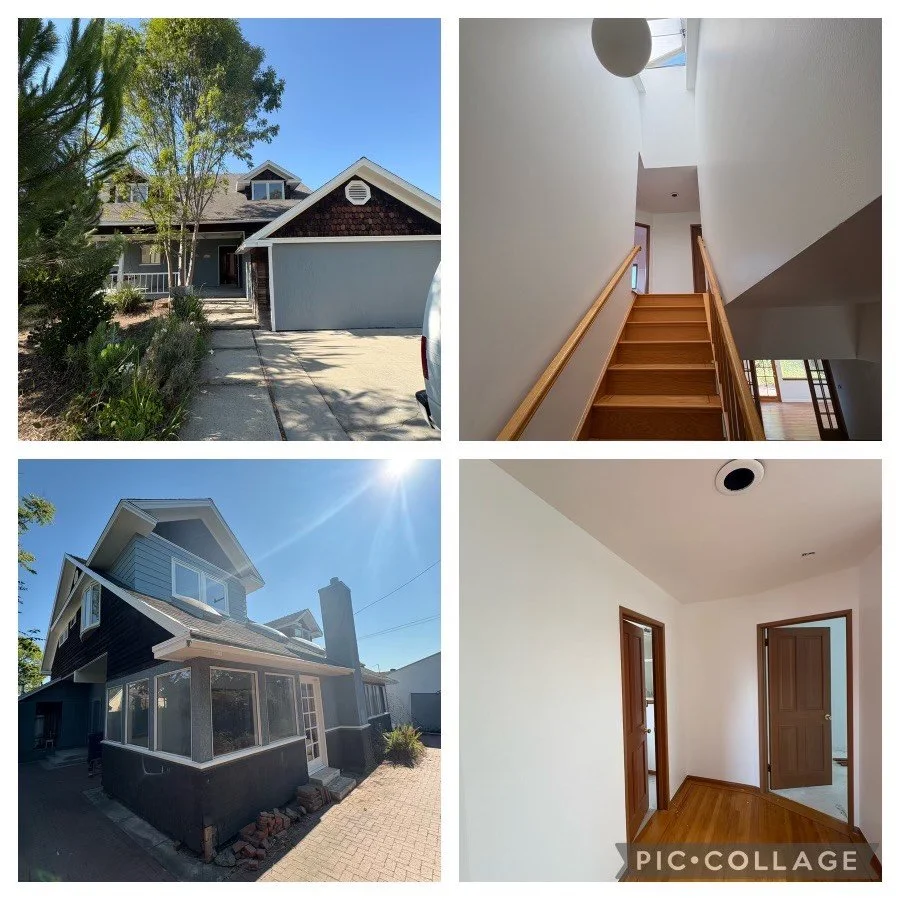 Images of a house's exterior and interior, including the front of a two-story house with a driveway, staircase inside the house, back view of the house with a porch, and an interior room with white walls and wooden doors.