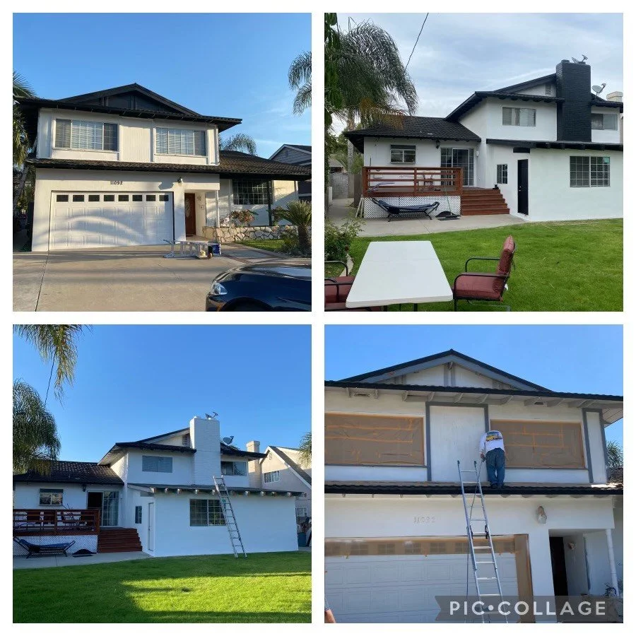 Collage of four images showing different views of a two-story house, including the front exterior, backyard patio, and house under renovation with a worker painting or working on the house's facade.