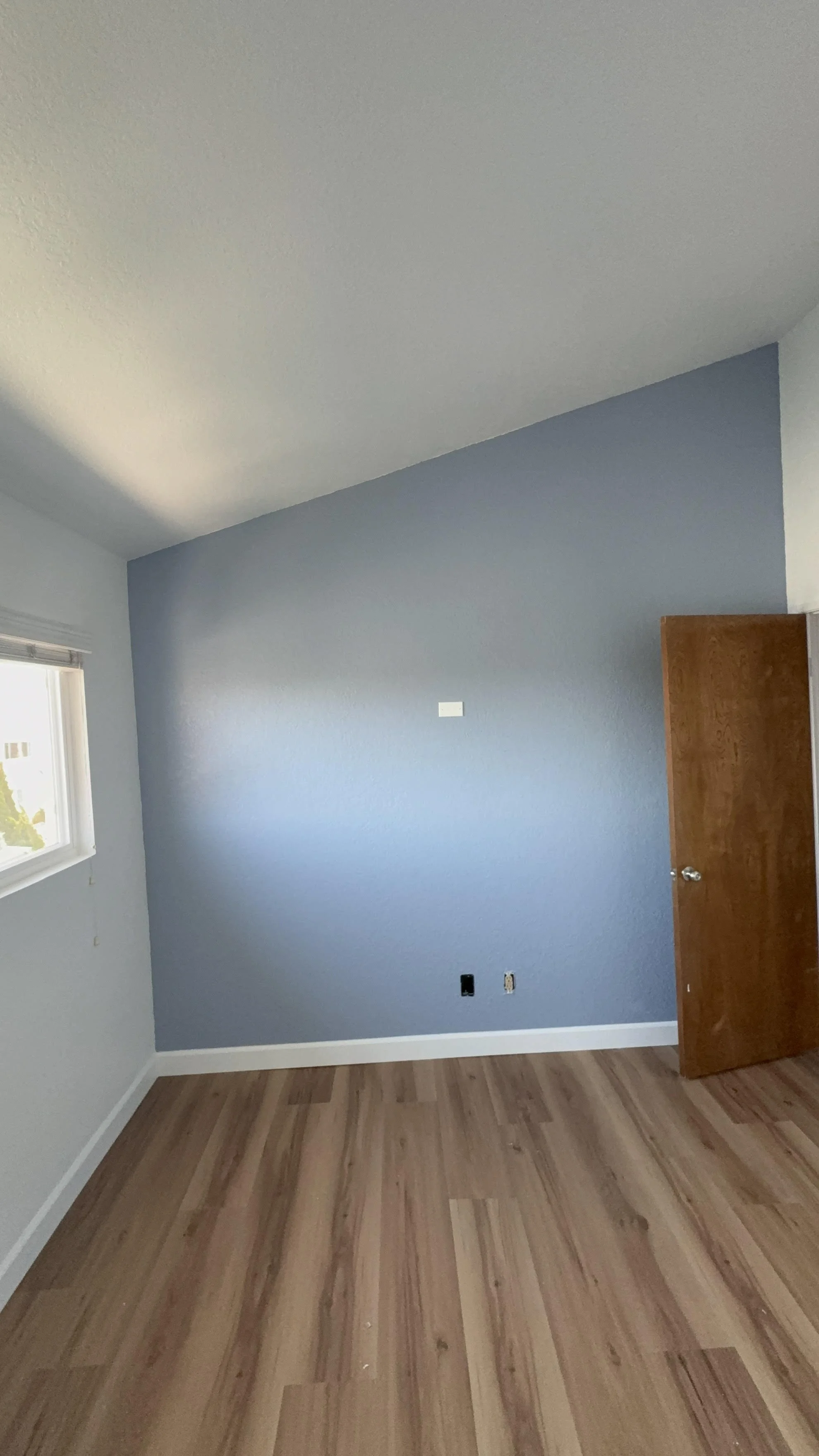 Empty room with hardwood floor, blue accent wall, window on the left, and an open wooden door on the right.