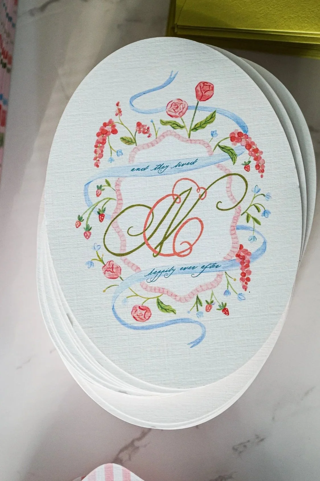 Romantic, Hand-painted Monogram for E and N with flowers and a ribbon