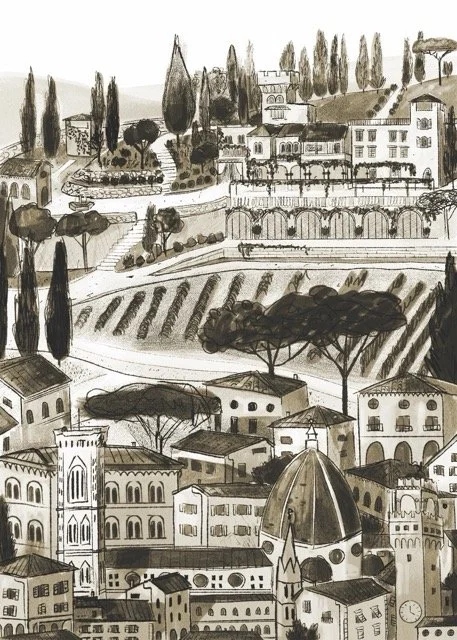 A monochrome illustration of a European hillside town with buildings, trees, and terraced vineyards.