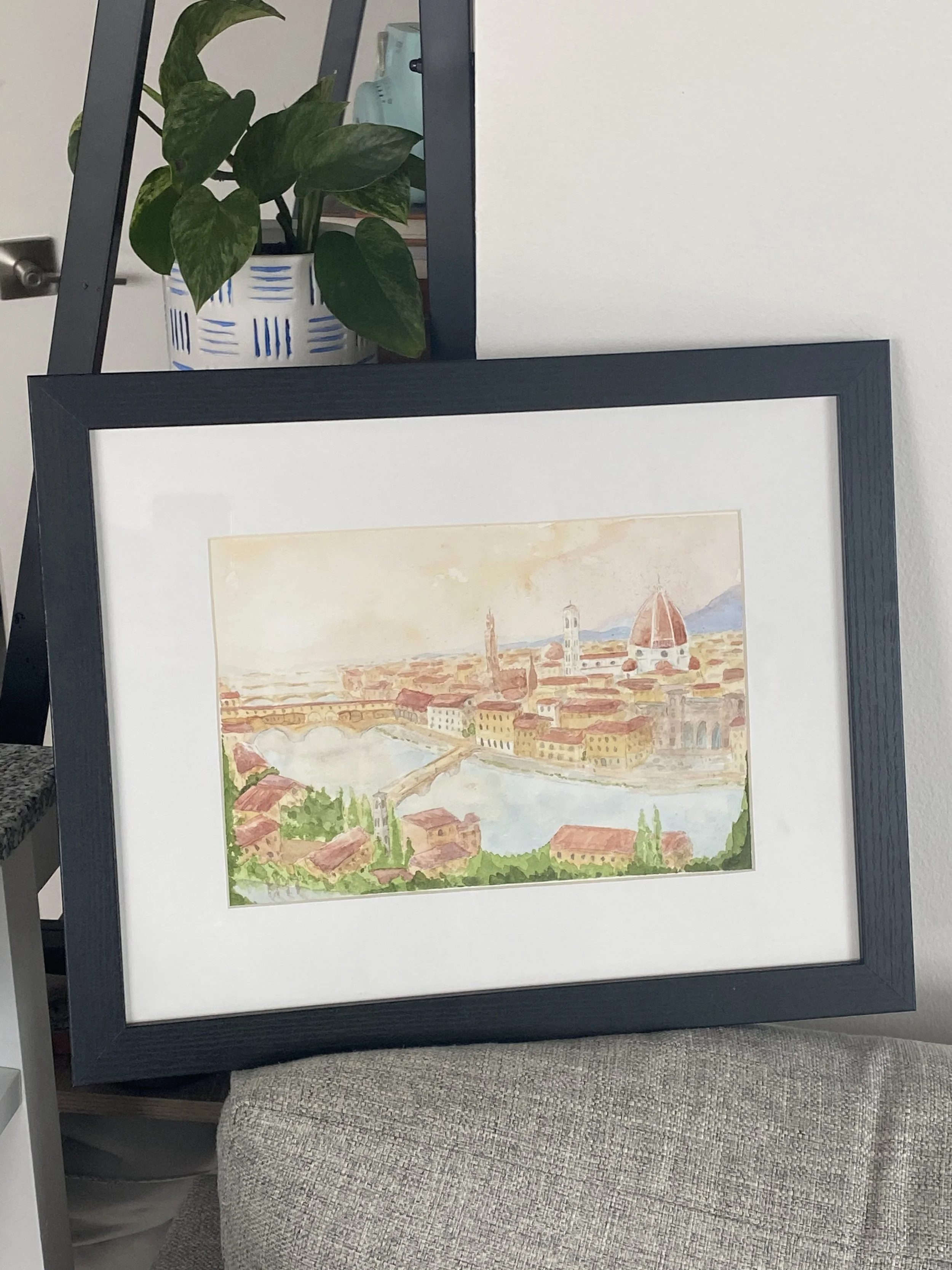 Watercolor painting of Florence, Italy, featuring the Florence Cathedral and Ponte Vecchio bridge over the Arno River