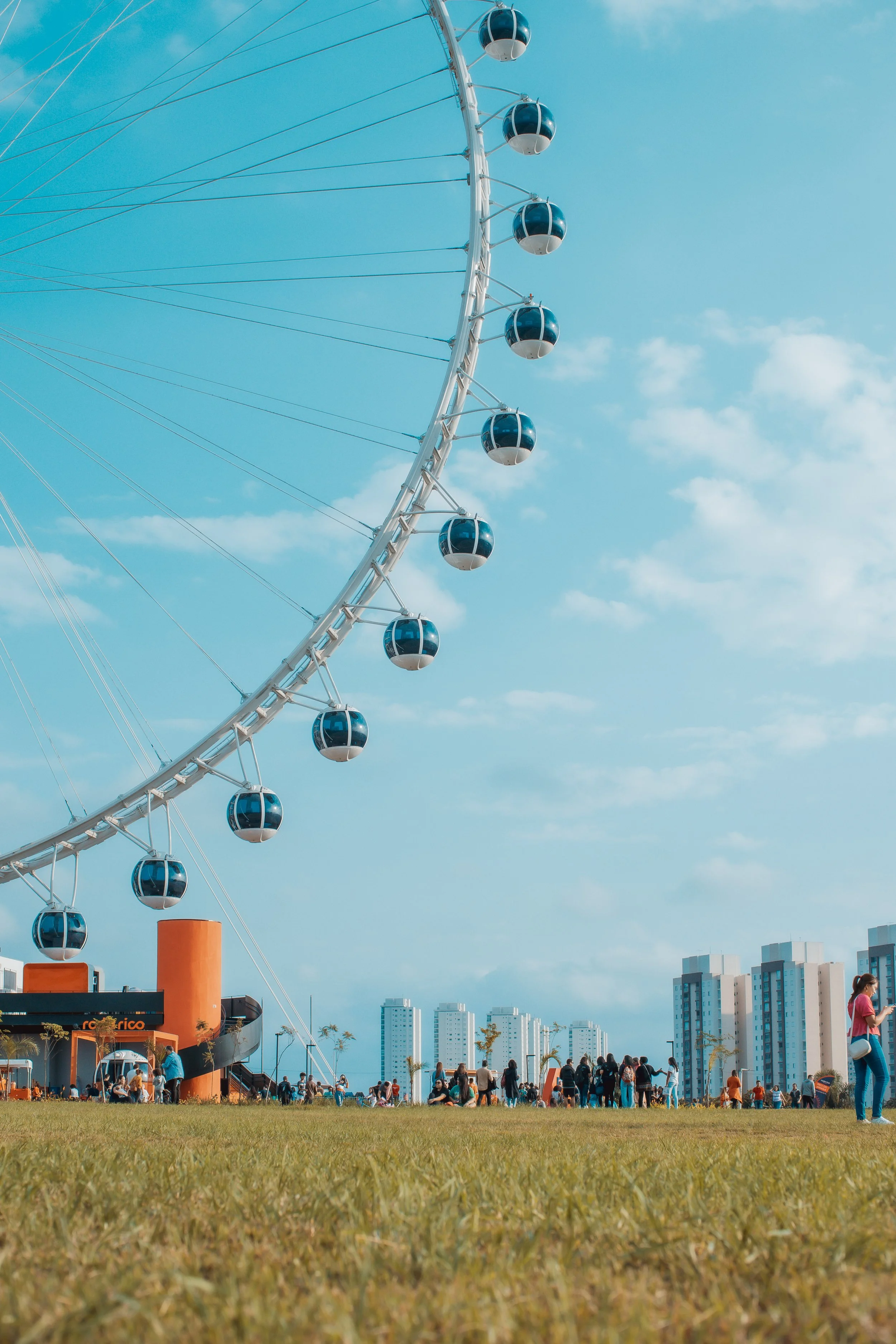 Roda gigante ao ar livre com várias cabines azuis. Pessoas passeando em um parque com grama, prédios altos ao fundo, céu azul com algumas nuvens.