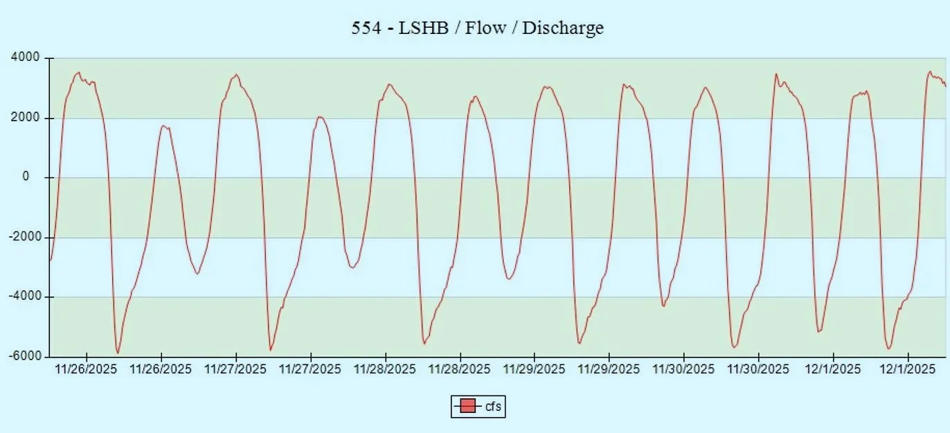 Line graph showing flow rate (mL/s) over days, with periodic peaks and troughs indicating cyclical flow patterns.