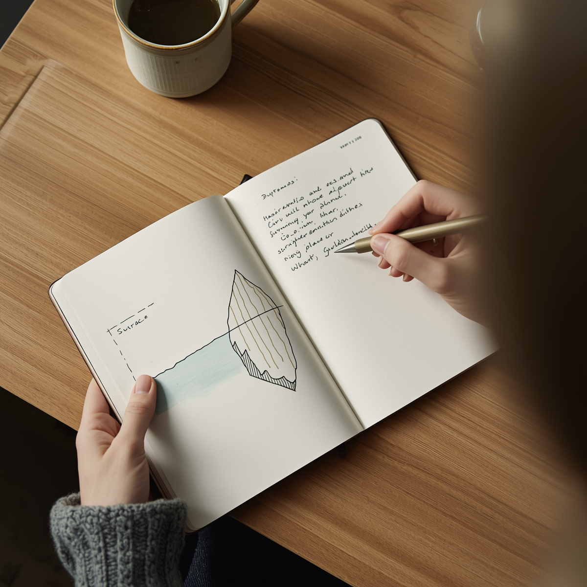 Person writing notes in a spiral notebook with a diagram of a cliff and water on the left page and handwritten notes on the right page, sitting at a wooden table with a cup of coffee nearby.