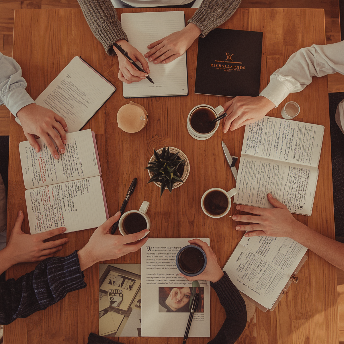 Overhead view of a wooden table with several people working, studying, or discussing. The table has notebooks, papers, pens, coffee mugs, a small plant, and a lit candle.