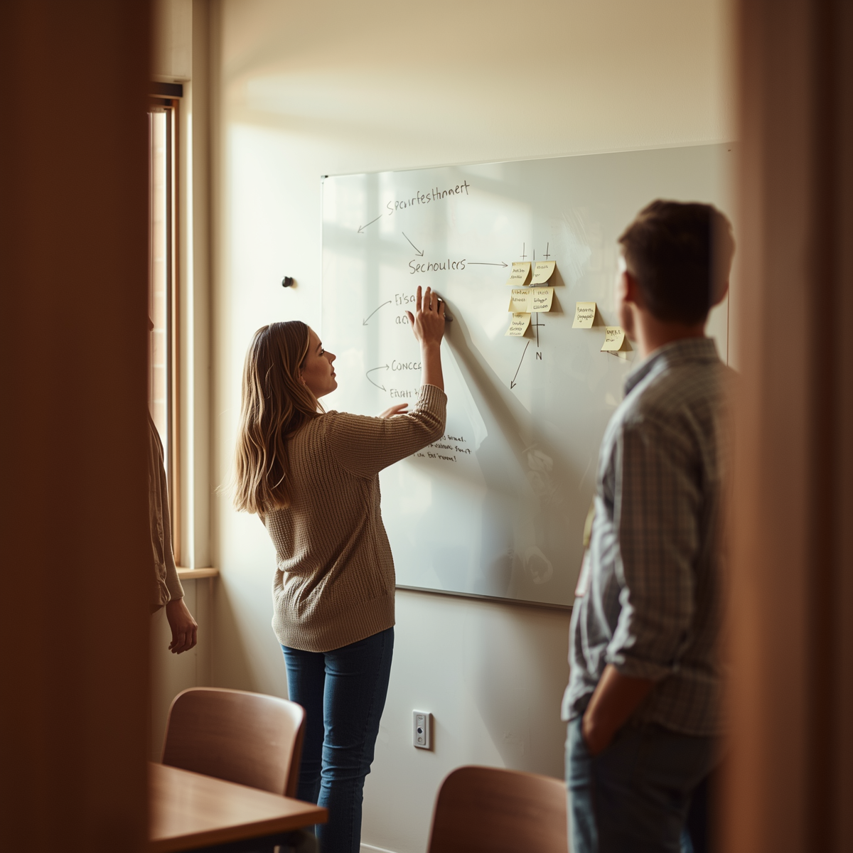 A woman writing on a whiteboard while two men observe in a well-lit room.