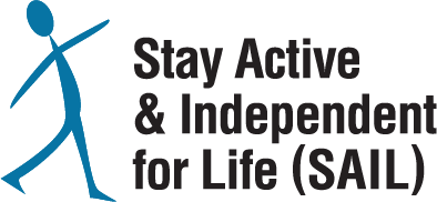 Logo of Stay Active & Independent for Life (SAIL) featuring a blue walking figure and text.