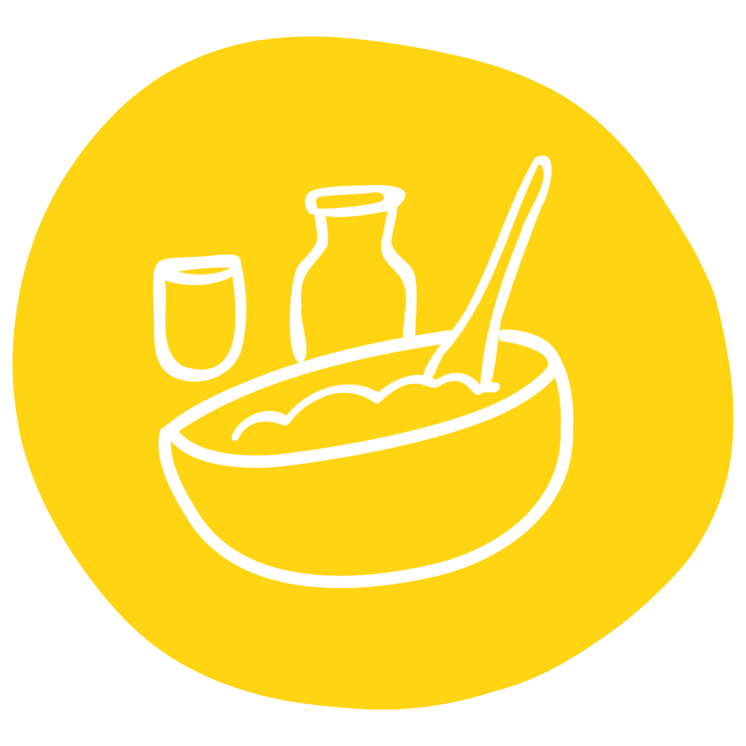 Organic yellow circle with a breakfast bowl icon in the centre.