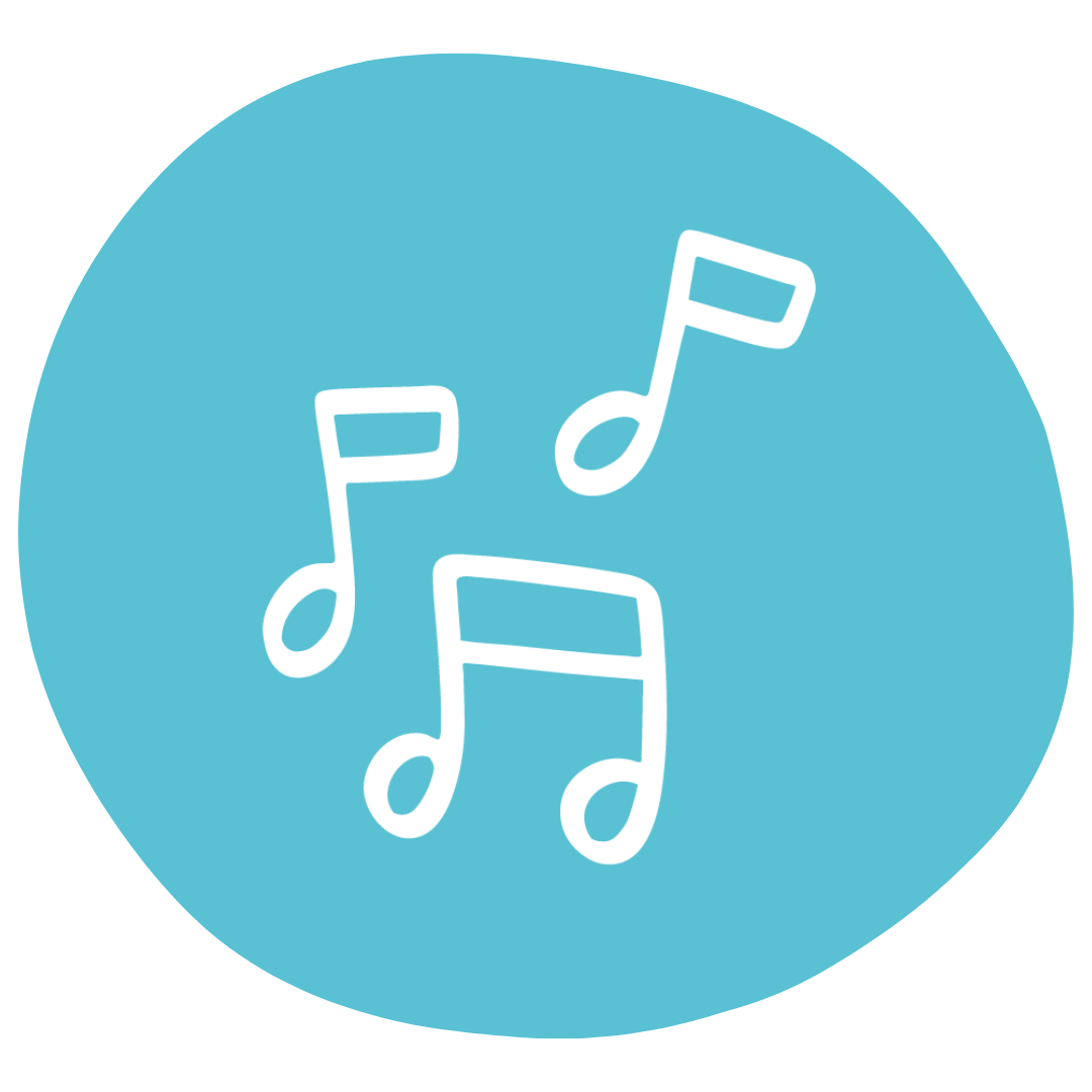 Organic blue circle with music symbol icons in the centre.