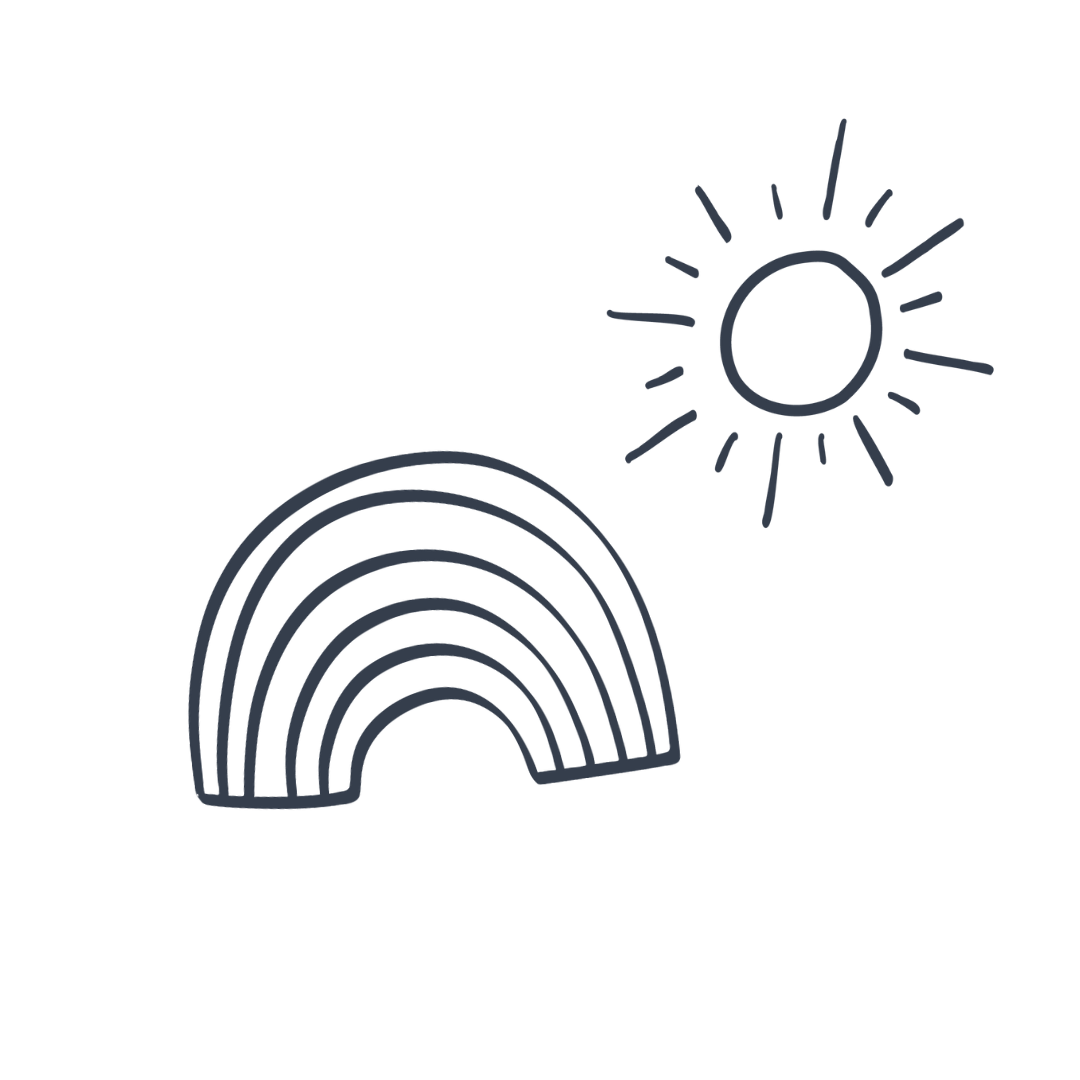 A simple line drawing of a rainbow with five arches and a sun in the top right corner.
