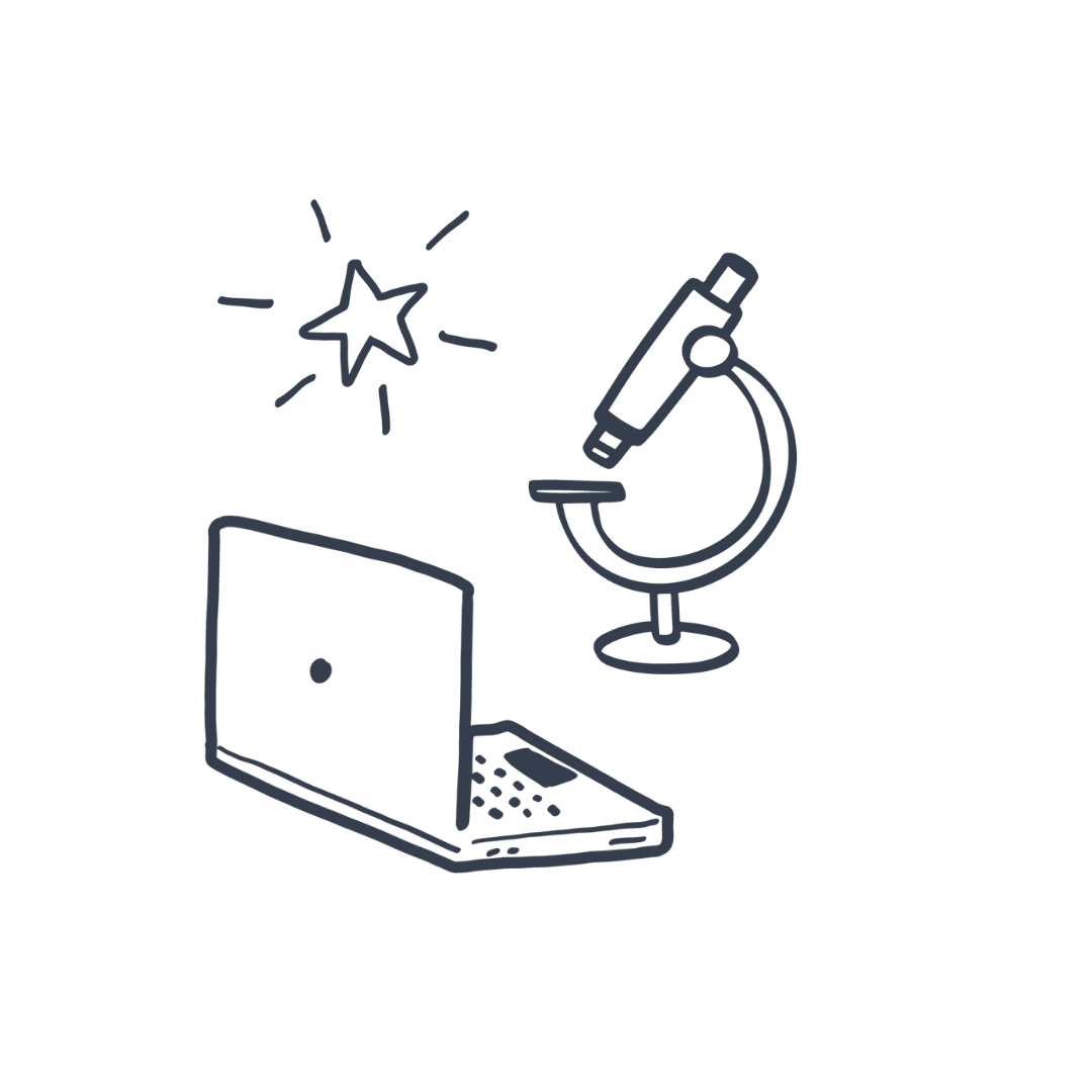 Line drawing of a laptop computer, a star symbol, and a microscope, representing science and technology.