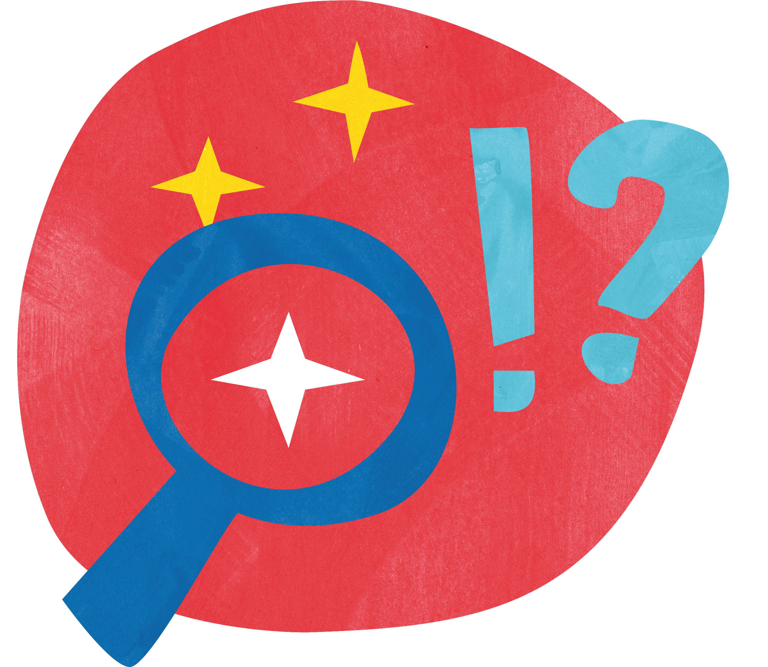 A circular graphic with a red background,  with a blue magnifying glass over a white star in the center, and two yellow stars above. To the right, a large light blue question mark and exclamation mark.