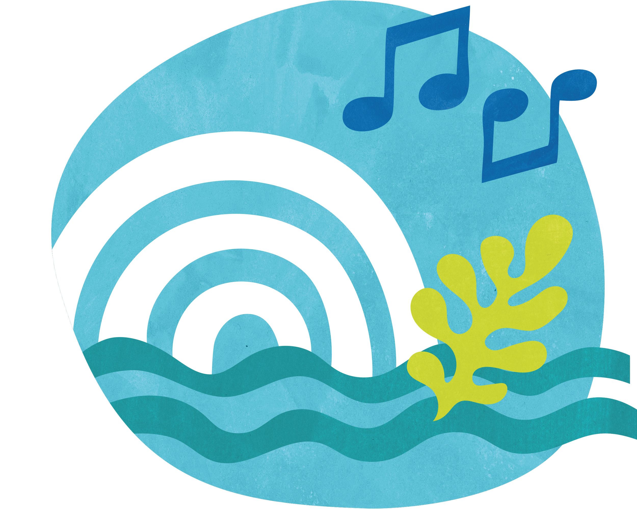 Abstract circular design with a rainbow, waves, and musical notes, with a lime green plant-like element at the bottom right, set on a light blue background.