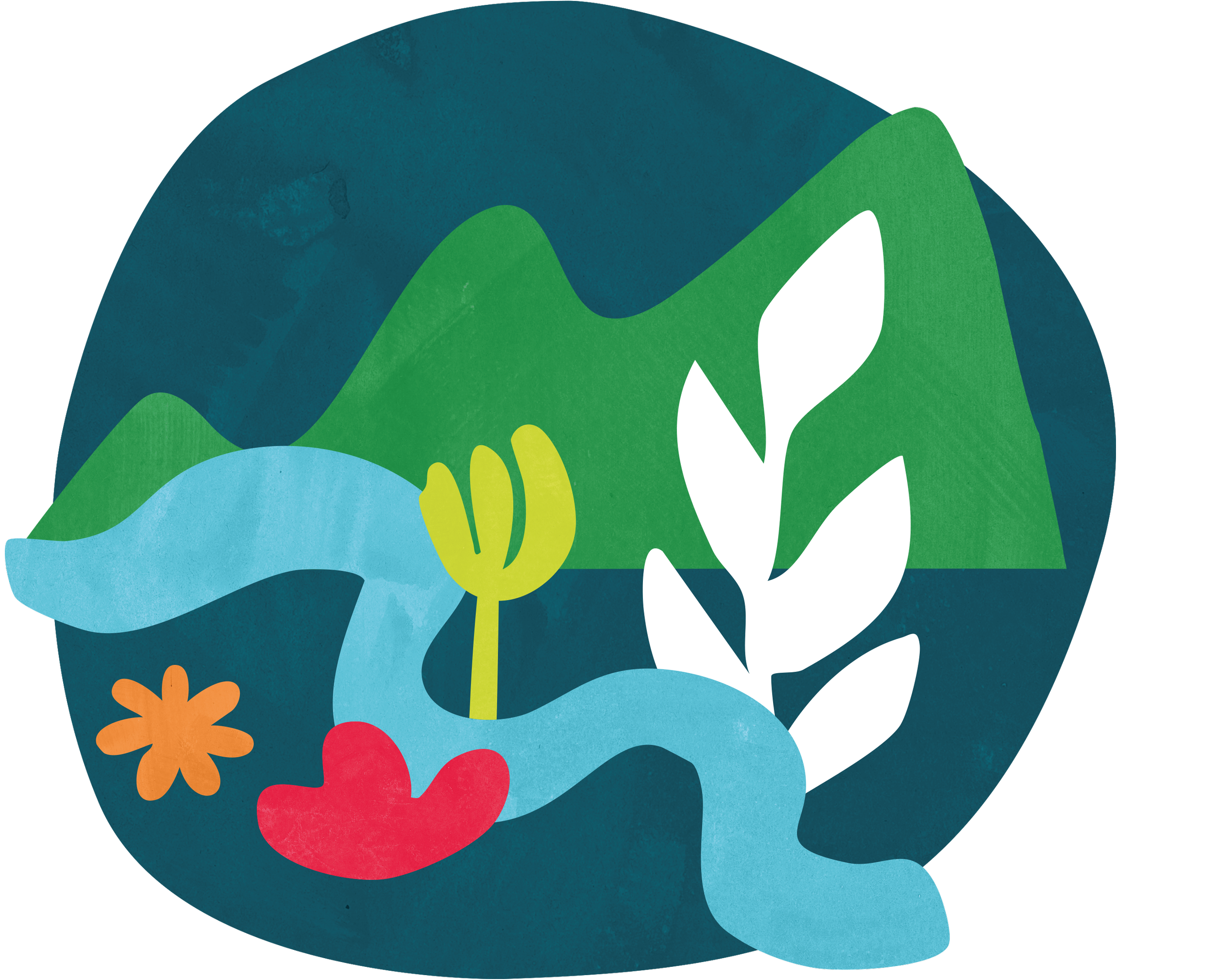 Abstract illustration of a nature scene with mountains, water, plants, and flowers using green, blue, white, red, and orange colors, set on a dark teal background.