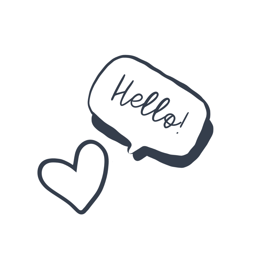 A simple hand-drawn illustration of a speech bubble with the word 'Hello!' inside and a heart shape below.