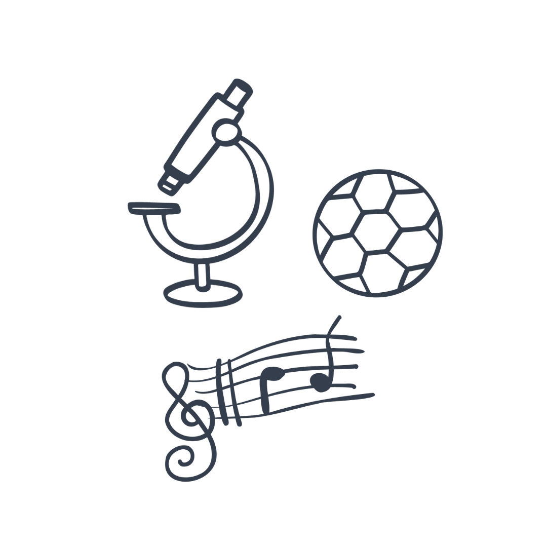 Line drawing of a microscope, soccer ball, and musical notes on a staff.