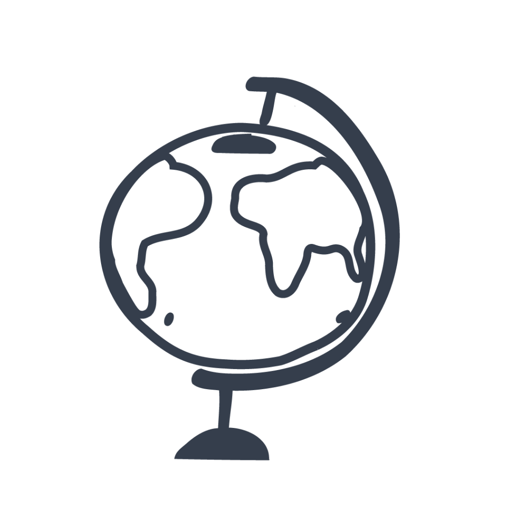 Simplified line drawing of a globe representing Earth on a stand.