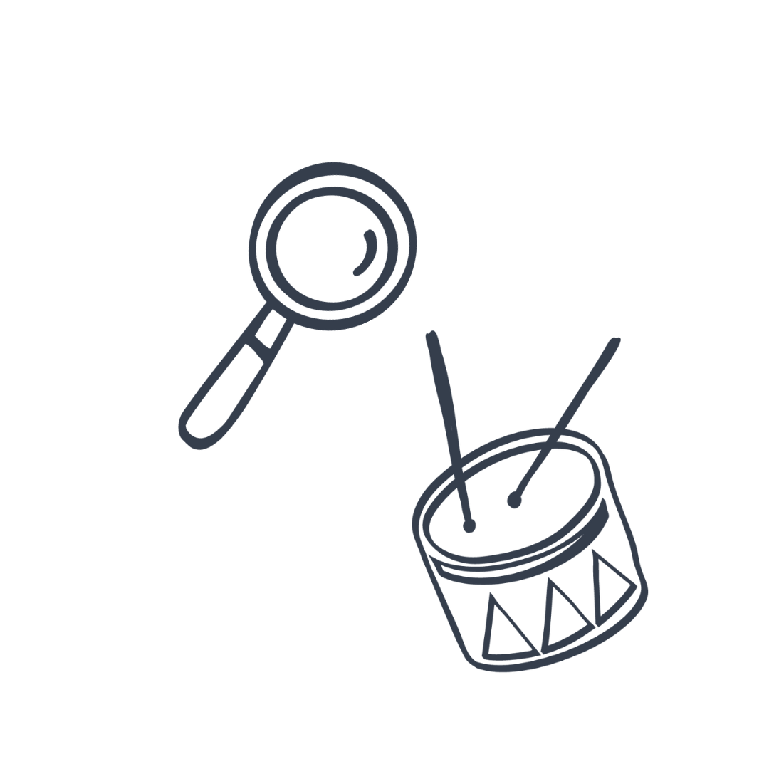 Line drawing of a magnifying glass and a drum with drumsticks.