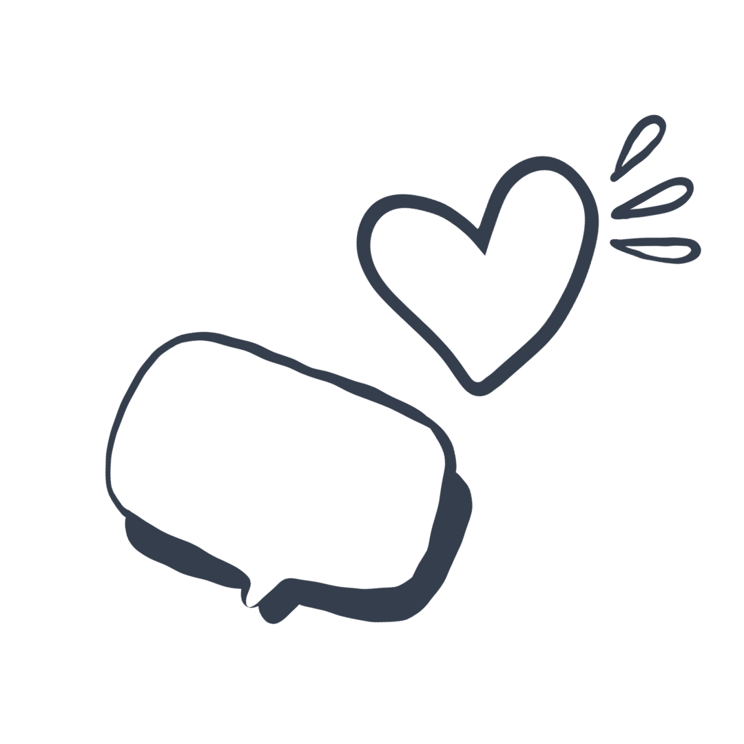 A simple line drawing of a speech bubble and a heart with lines indicating emotion.
