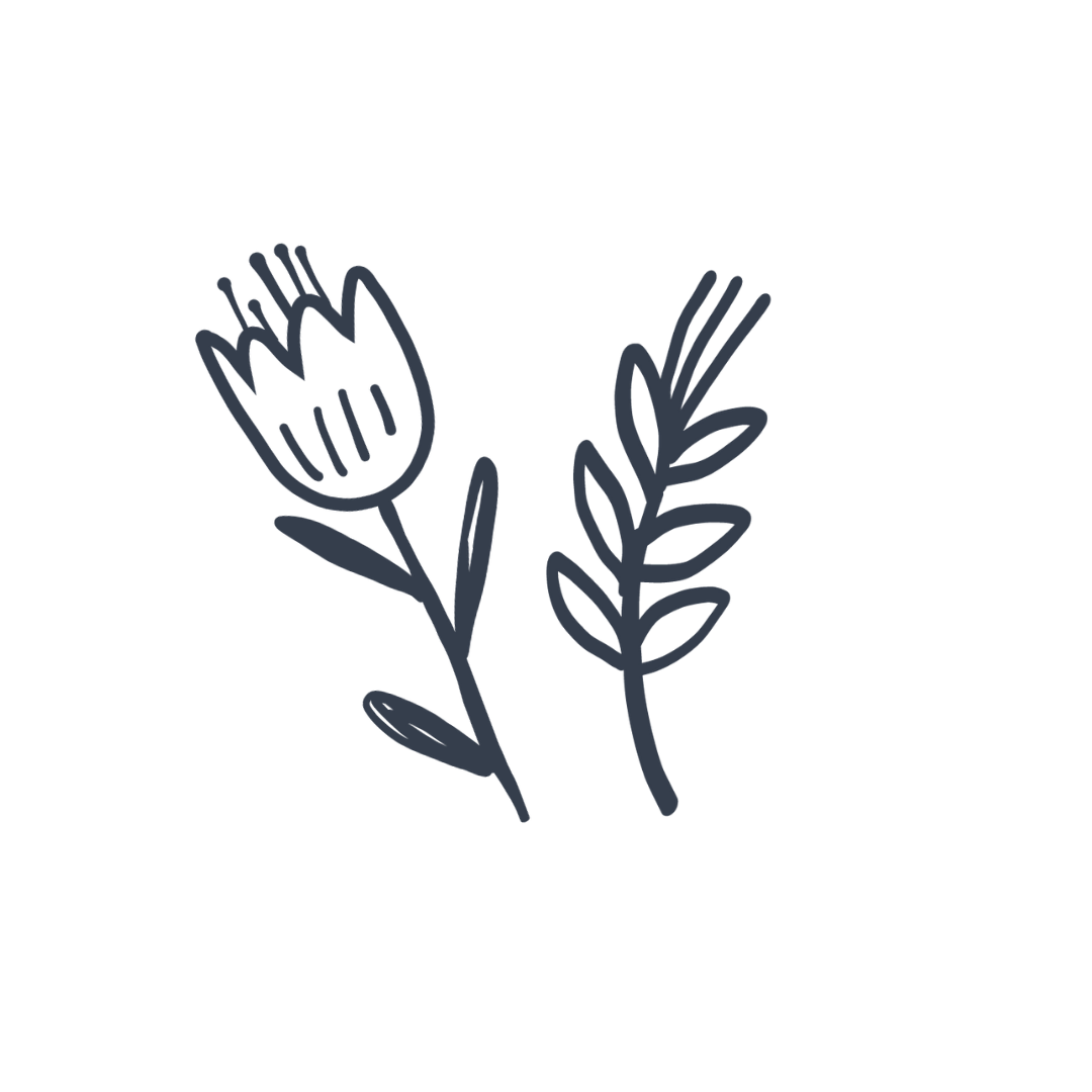 Simple line drawing of a flower and a sprig of leaves.