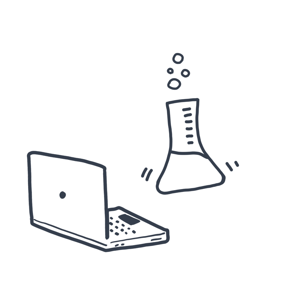 Simple line drawing of a laptop and a laboratory flask with bubbling liquid.