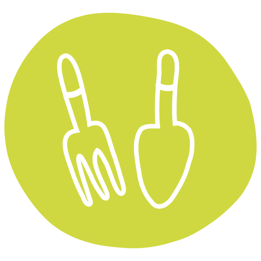 Organic lime green circle with garden equipment icons in the centre