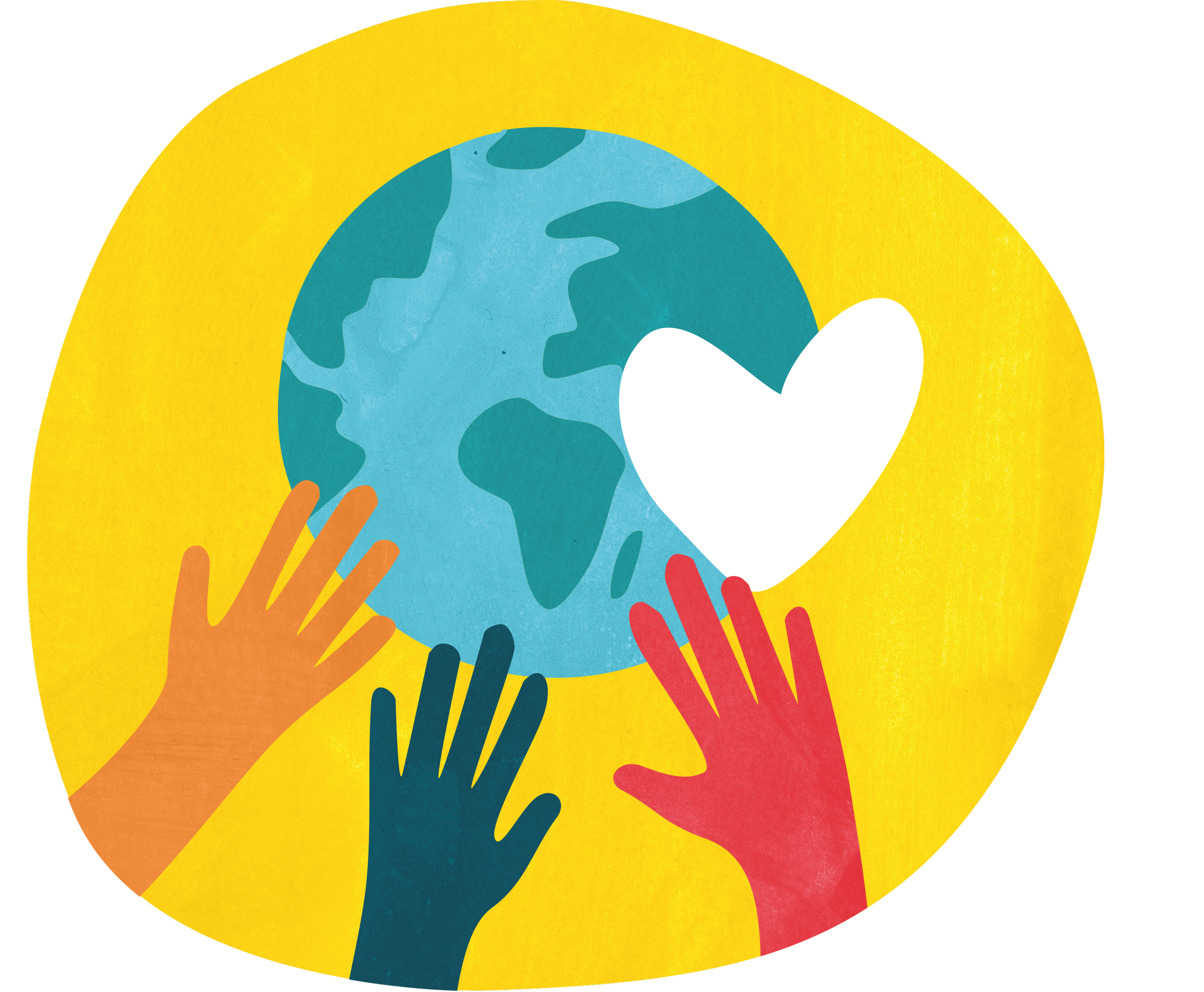 Illustration of multiple hands in different colors reaching towards an image of the Earth, which has a white heart shape overlapping part of it, on a yellow background.