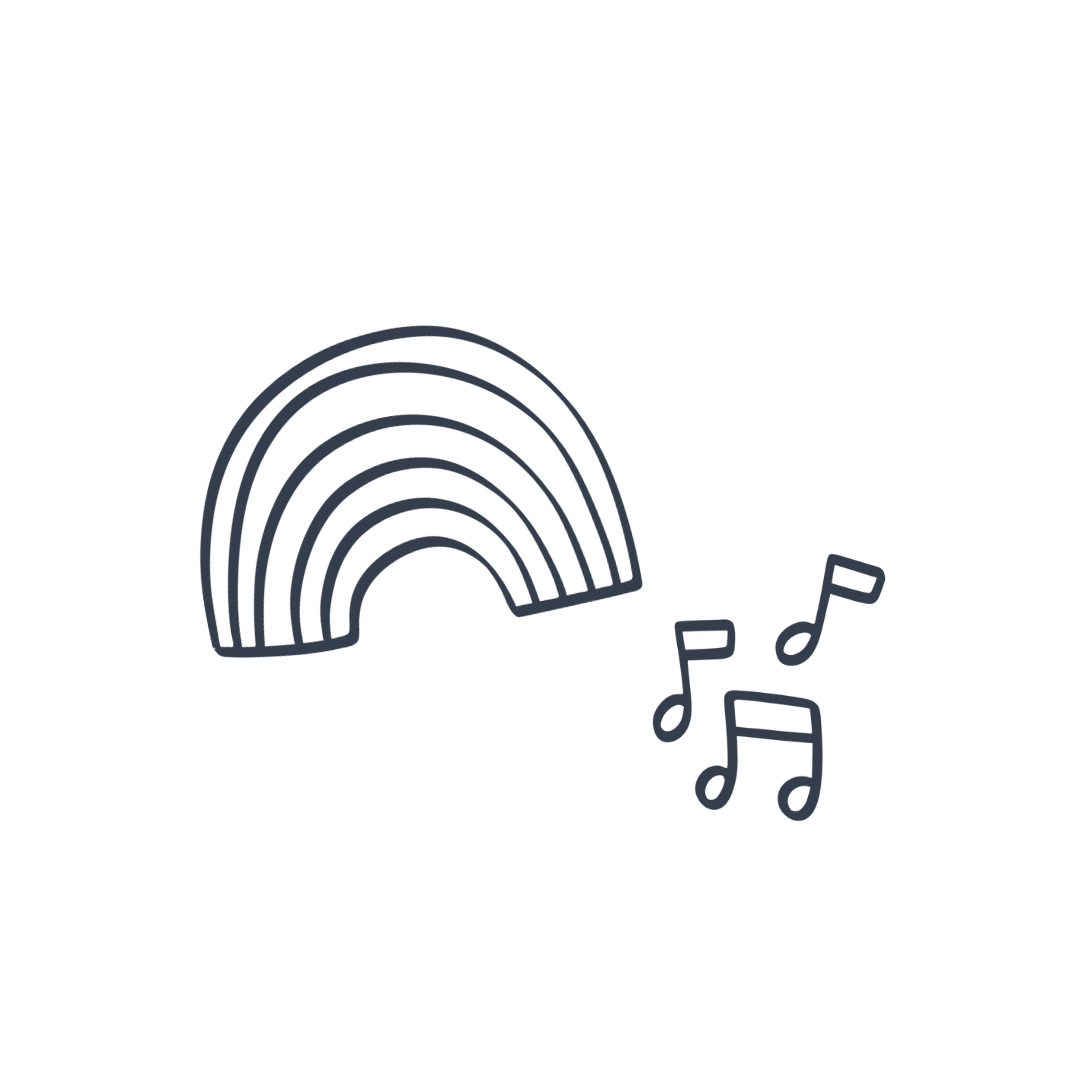 A simple line drawing of a rainbow with musical notes nearby.