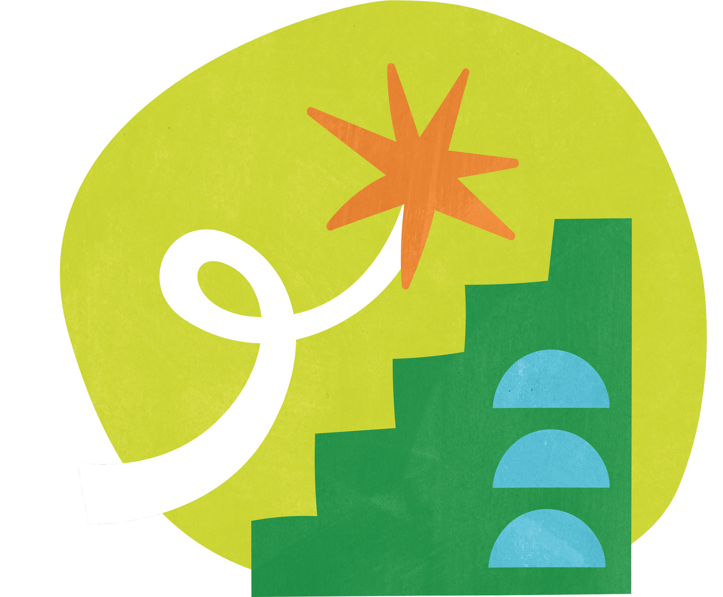 A stylized illustration of an abstract rocket with a white curved body, orange star-shaped flame, set against a lime green background.