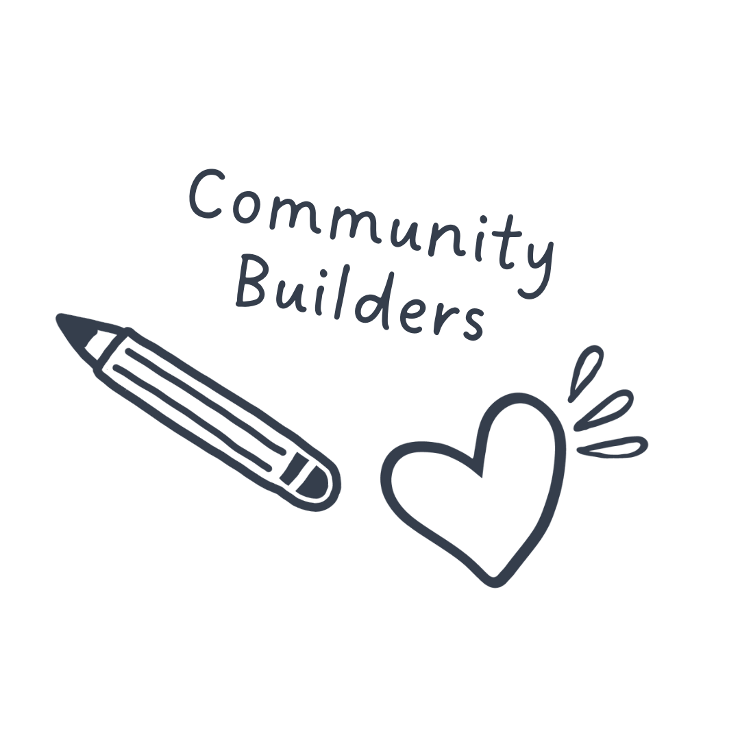 Line drawing of a pencil, a heart with lines indicating emphasis, and the words 'Community Builders' in a handwritten style.