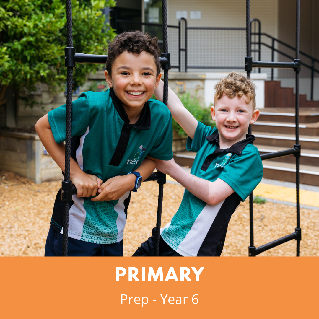 Two male Primary students climbing on play equipment, smiling at the camera, wearing a school sports polo t-shirt. There is an orange banner at the base of the image that reads Primary - Prep to Year 6