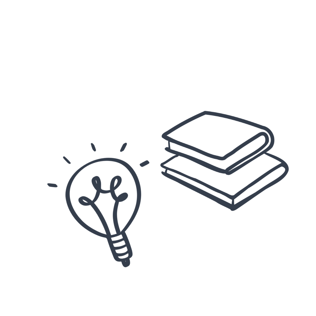 Line drawing of a light bulb and a stack of books.