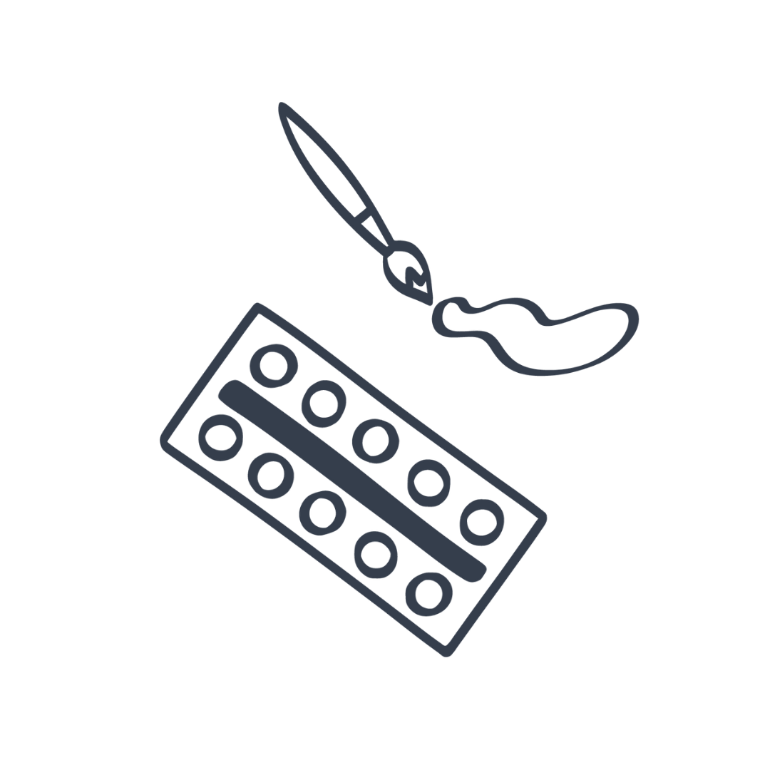 A simple line drawing of an art palette and paint brush with a blob of paint at the tip of the brush.